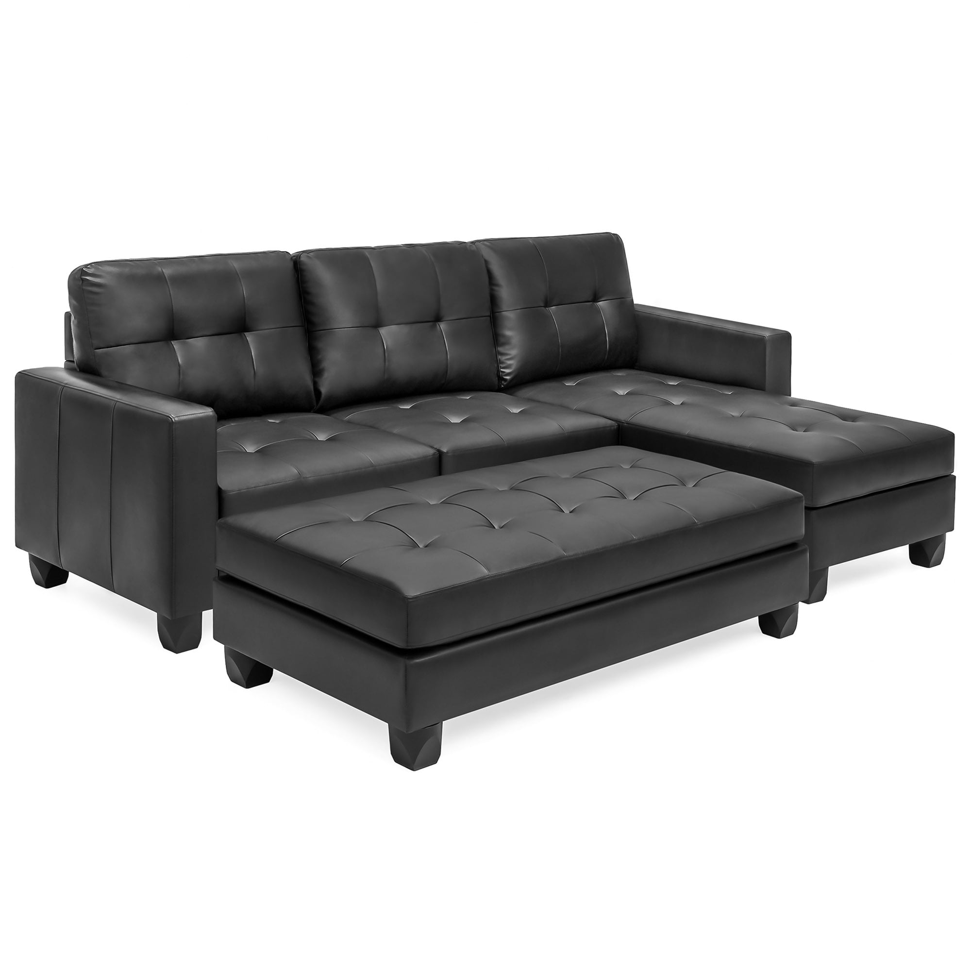 Best Choice Products 3 Seat L Shape Tufted Faux Leather Sectional Sofa Couch Set W Chaise Lounge Ottoman Coffee Table Bench Black