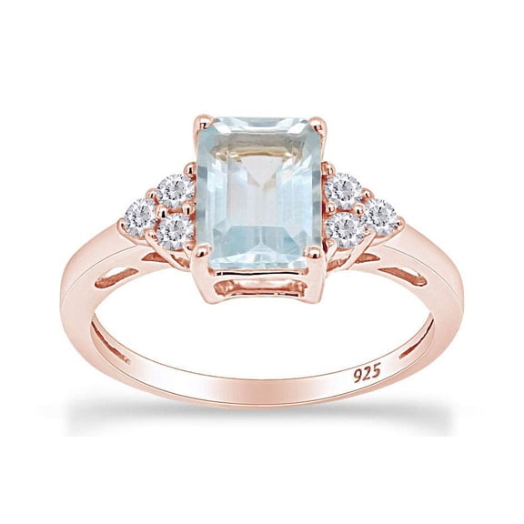 AFFY 8X6MM Emerald Cut Blue Aquamarine & White Topaz CZ Bridal Engagement Ring for Women in 14k Rose Gold Over Sterling Silver Jewelry Gift For Her, Ring Size-10