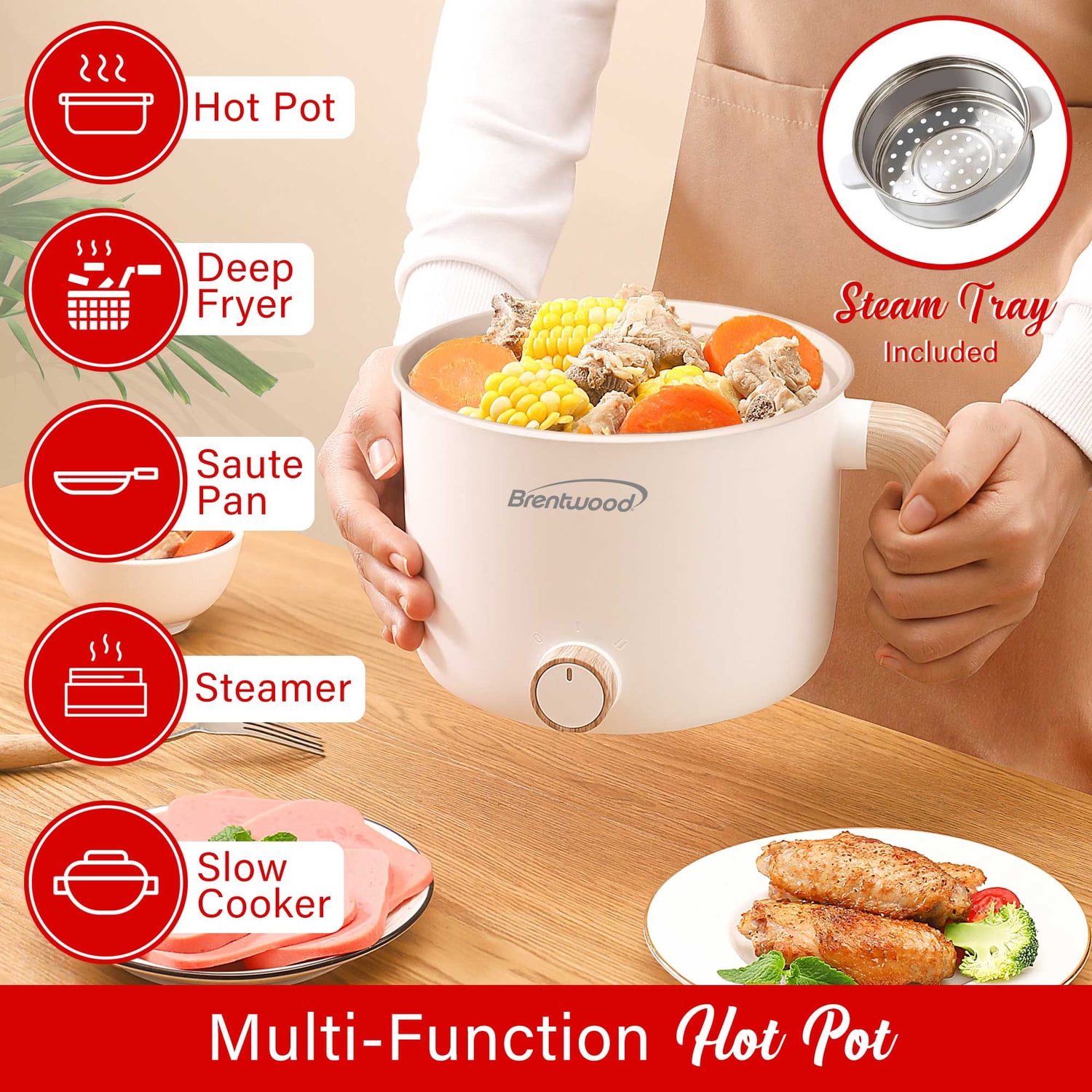 Brentwood 1.6-Qt. Multifunction Electric Ceramic Non-Stick Hot Pot Cooker with Stainless Steel Food Steamer, White