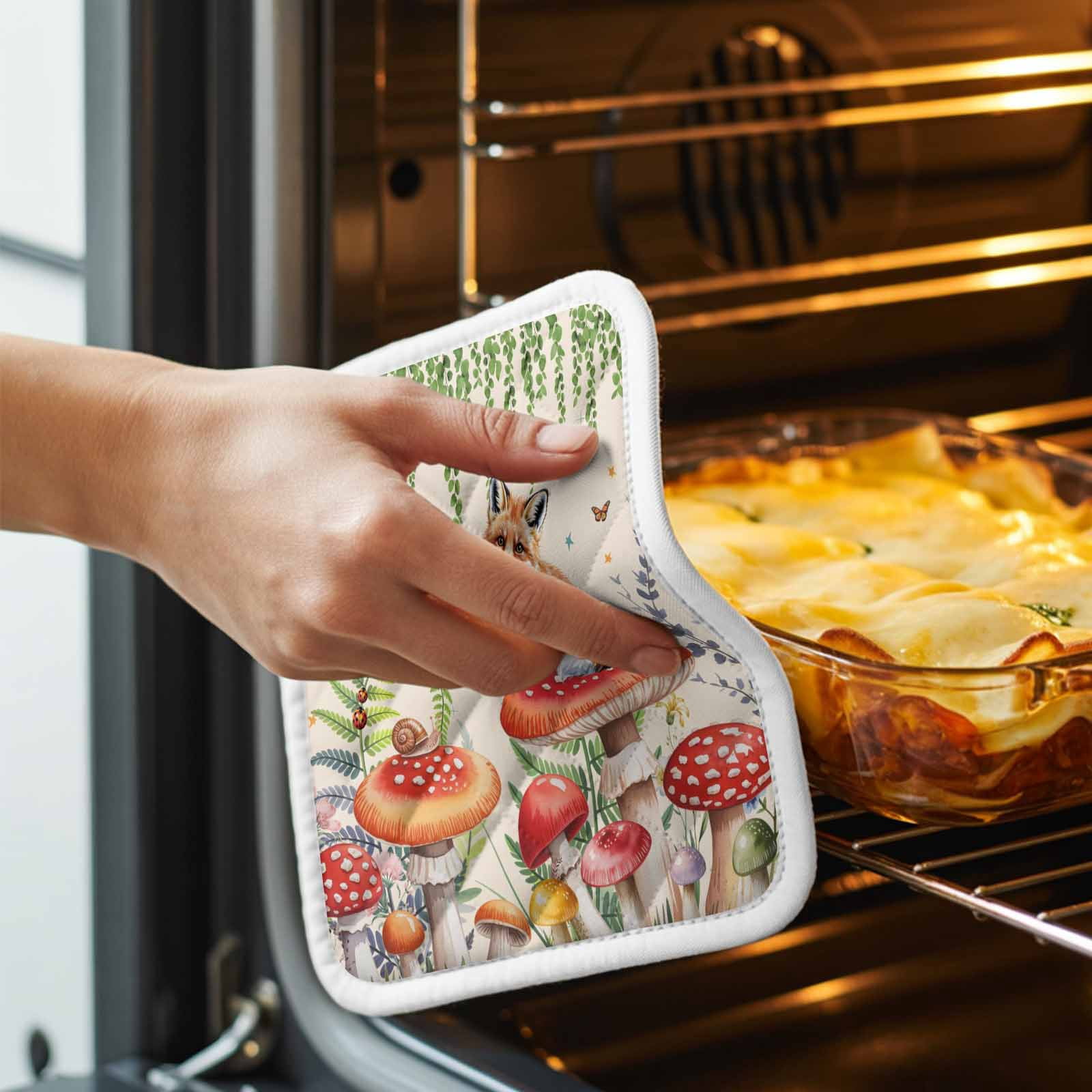Mushroom Fox Pot Holders for Kitchen Heatproof Potholder, 5 Pack Green Leaf Butterfly Red Retro Plant Hot Pads Multipurpose Oven Pads Cloth Potholders Trivet for Cooking Baking