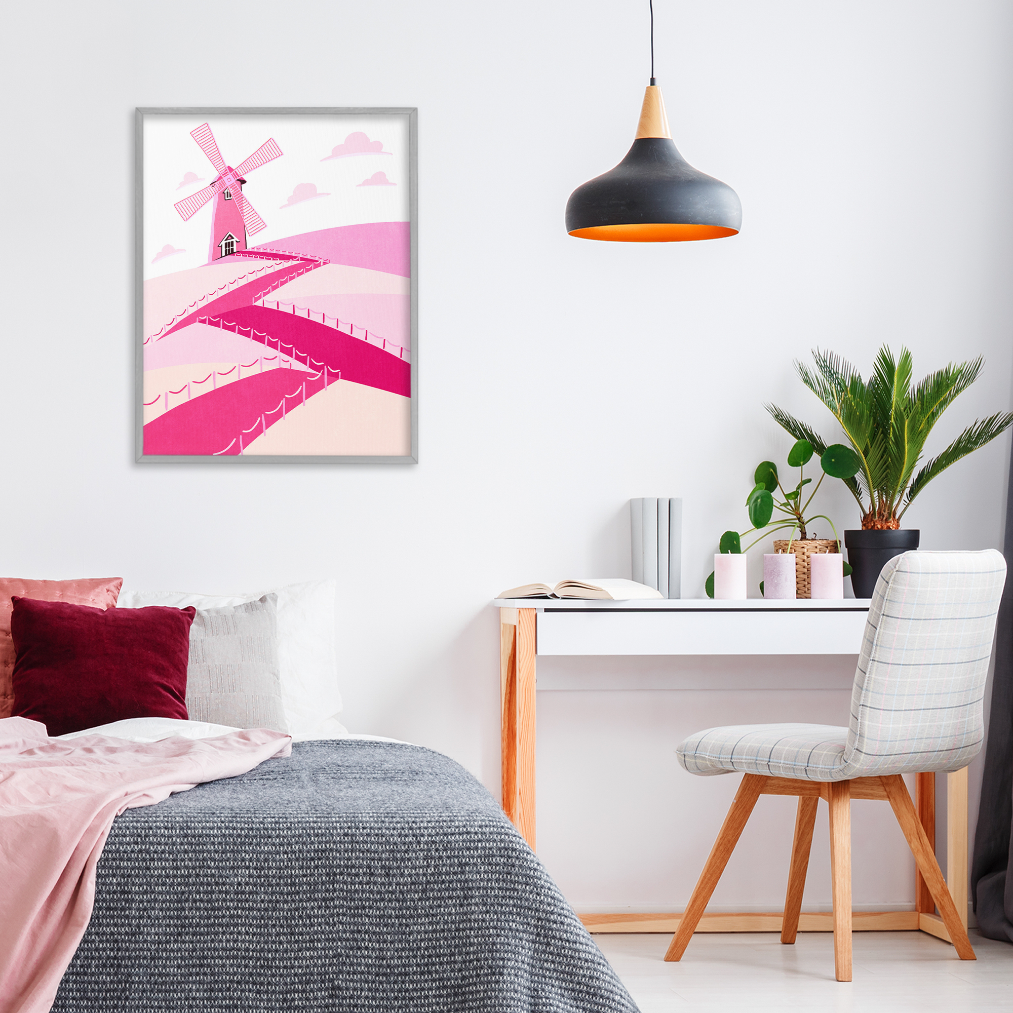 Pink Hills and Windmill Gray Framed Giclee Art, design by Ziwei Li