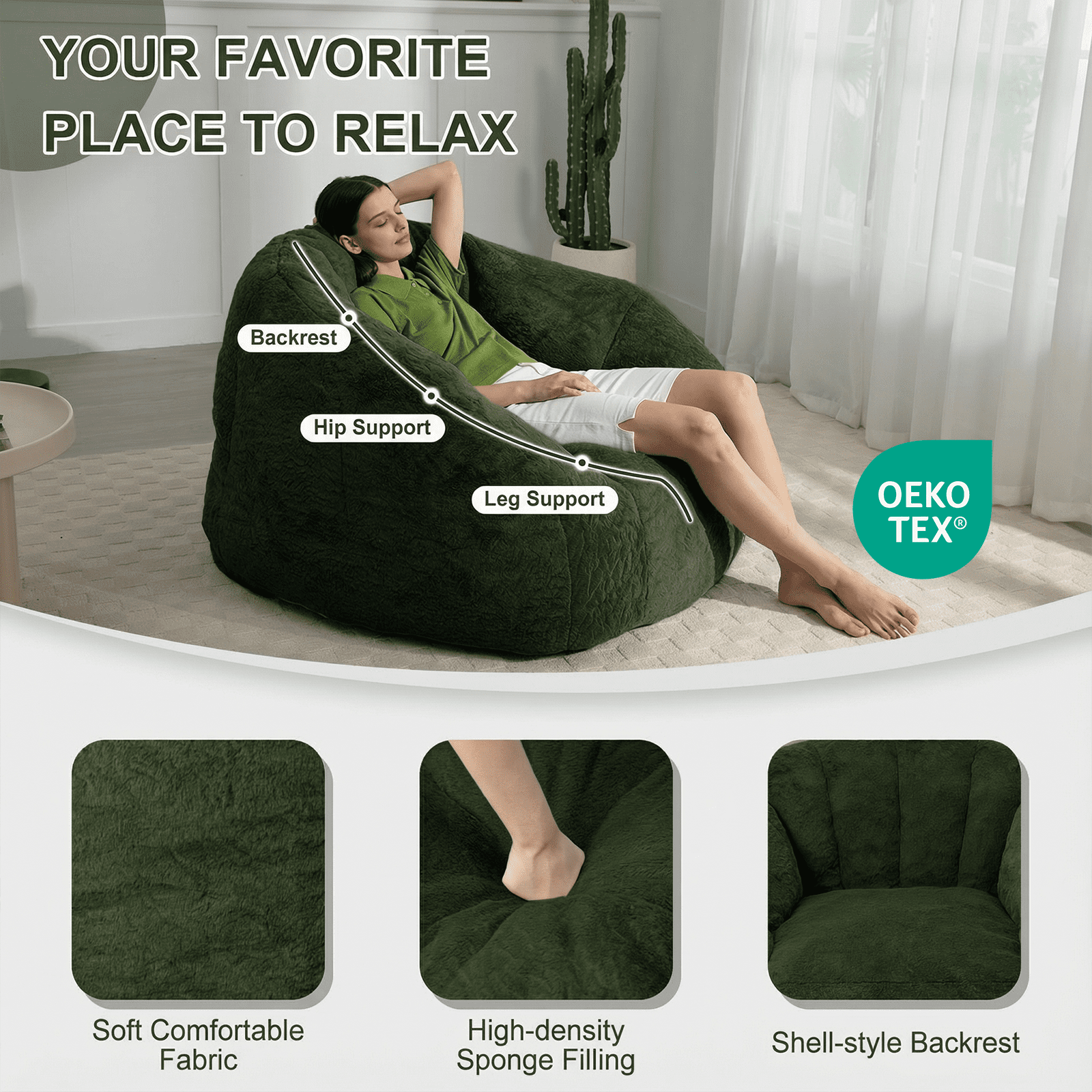 Ebenchico 3.9ft Bean Bag Chair for Adults Teens Kids, Shell Shape Faux Fur Beanbag Chairs, Memory Foam Filled Floor Chair for Reading, Gaming, Relaxing, Green
