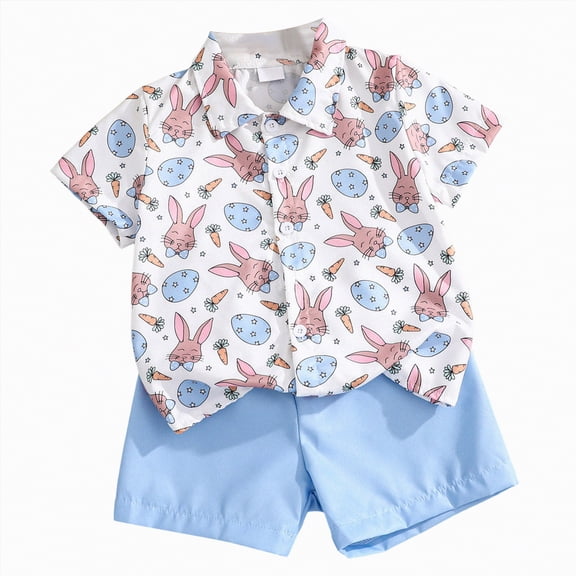 kpoplk Baby Boy Easter Outfit Bunny Short Sleeve Gentleman Button Down Shirts Solid Shorts Toddler Boys Party Bow Tie Suit Size 5-6 Years,Sky Blue