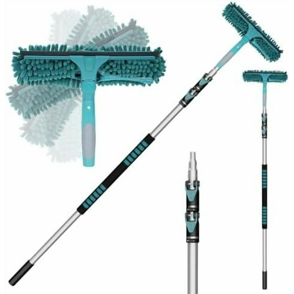 20 Feet High Reach Window Squeegee with 5-12Ft Extension Pole, Window Cleaner Tool with 3-Stage Telescoping Pole, Window Cleaning Kit with Rotatable Head (2 Squeegee & 2 Microfibre Cloths)