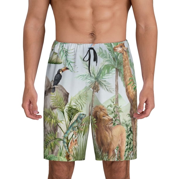 Balery Watercolor African Animals Wildlife Pantalones cortos de pijama de punto de algodón para hombre con cinturilla y bolsillos-Large