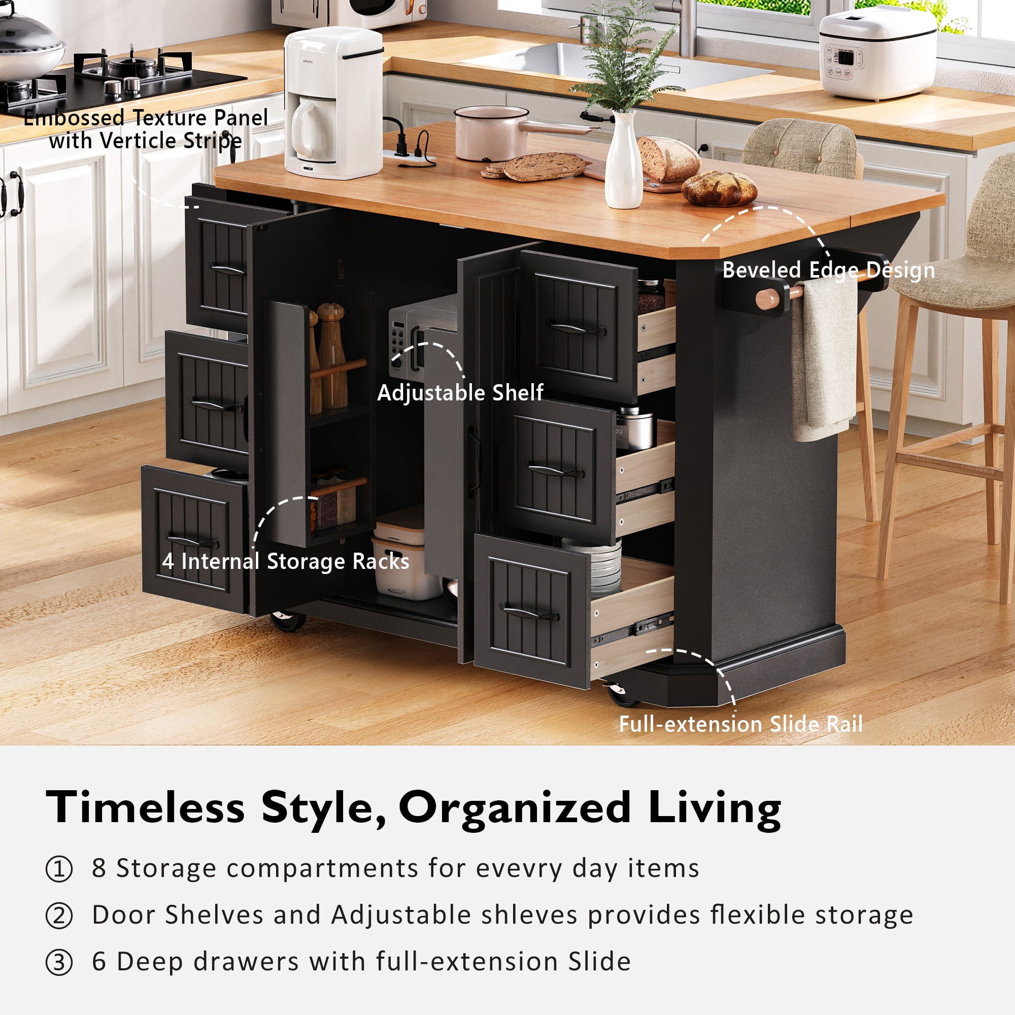 DTTRA 56" Kitchen Island with Drop Leaf & Power Outlet, Rolling Kitchen Cart on Wheels with 6 Drawers, 4-Door Shelves & Rubber Wood Top, Mobile Storage Cabinet for Kitchen & Dining Room, Black