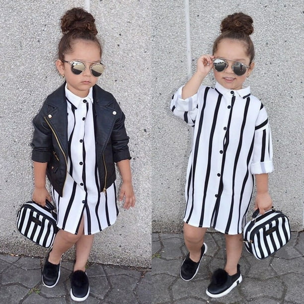 Striped Toddler Girls Kid Dress Casual Long Sleeve Buttons Shirt Dresses  Clothes