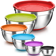 Mixing Bowls, Stainless Steel Mixing Bowls with Lids, Nesting Salad Bowls with Air-tight Lids & Non-slip Bottom, Dishwasher Safe & Stackable, Set of 6 - 4.6 / 2.6 / 2 / 1.5 / 1 / 0.7 Qt