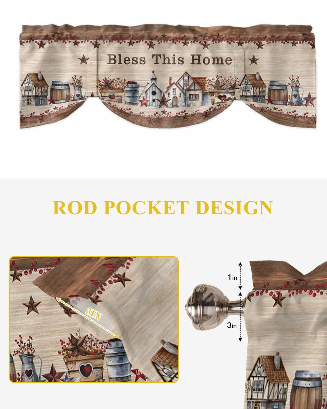 Bless This Tie Up Valances Curtain, Adjustable Kitchen Home Farmhouse Country Star Barn Retro Wood Grain Valances for Windows Decor, Rod Pocket Short Curtains Set for Bedroom/Bathroom, 54"x18"