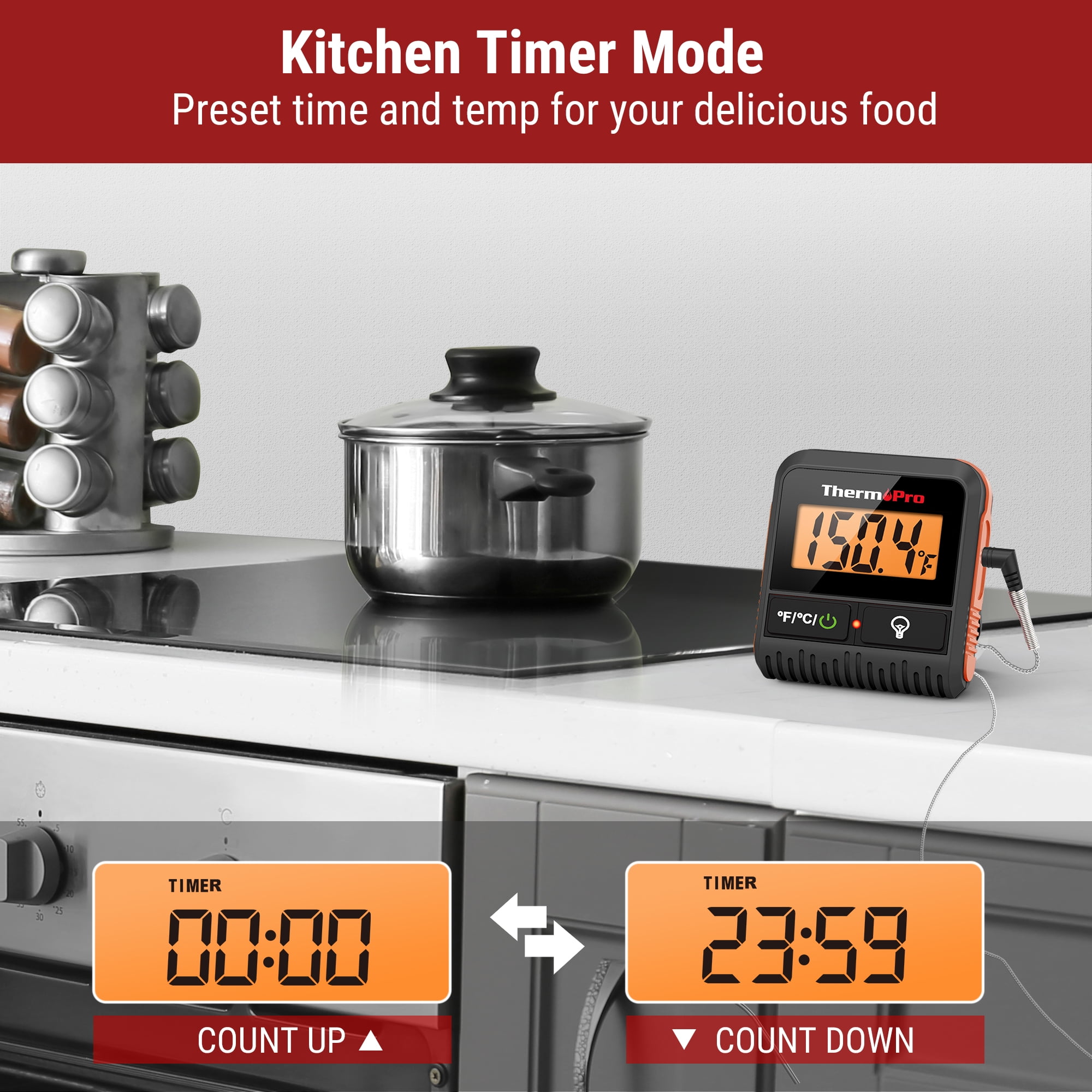 ThermoPro TP806BW Wireless Meat Thermometer with Large LCD Display and Dual Stainless steel probes for Grilling Smoker