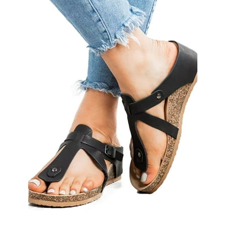 Women Buckle Sandals Shoes Thong Flip Flops Flat T-Strap Summer Beach