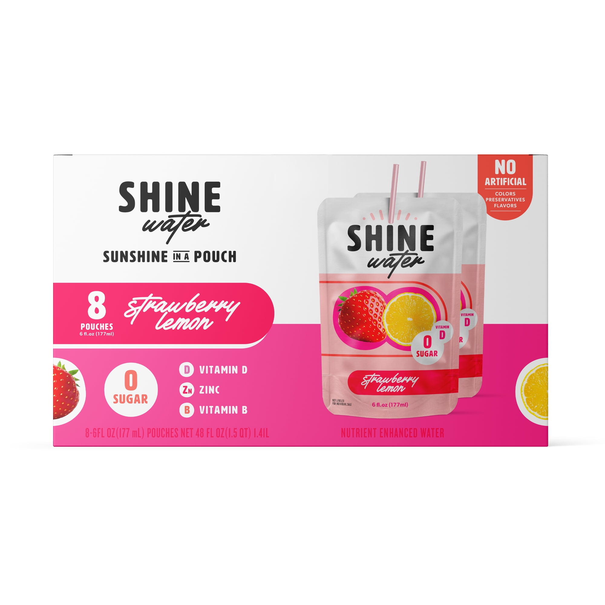 ShineWater, Vitamin D, Antioxidants, Zero Sugar, Strawberry Lemon, box of 8 pouches