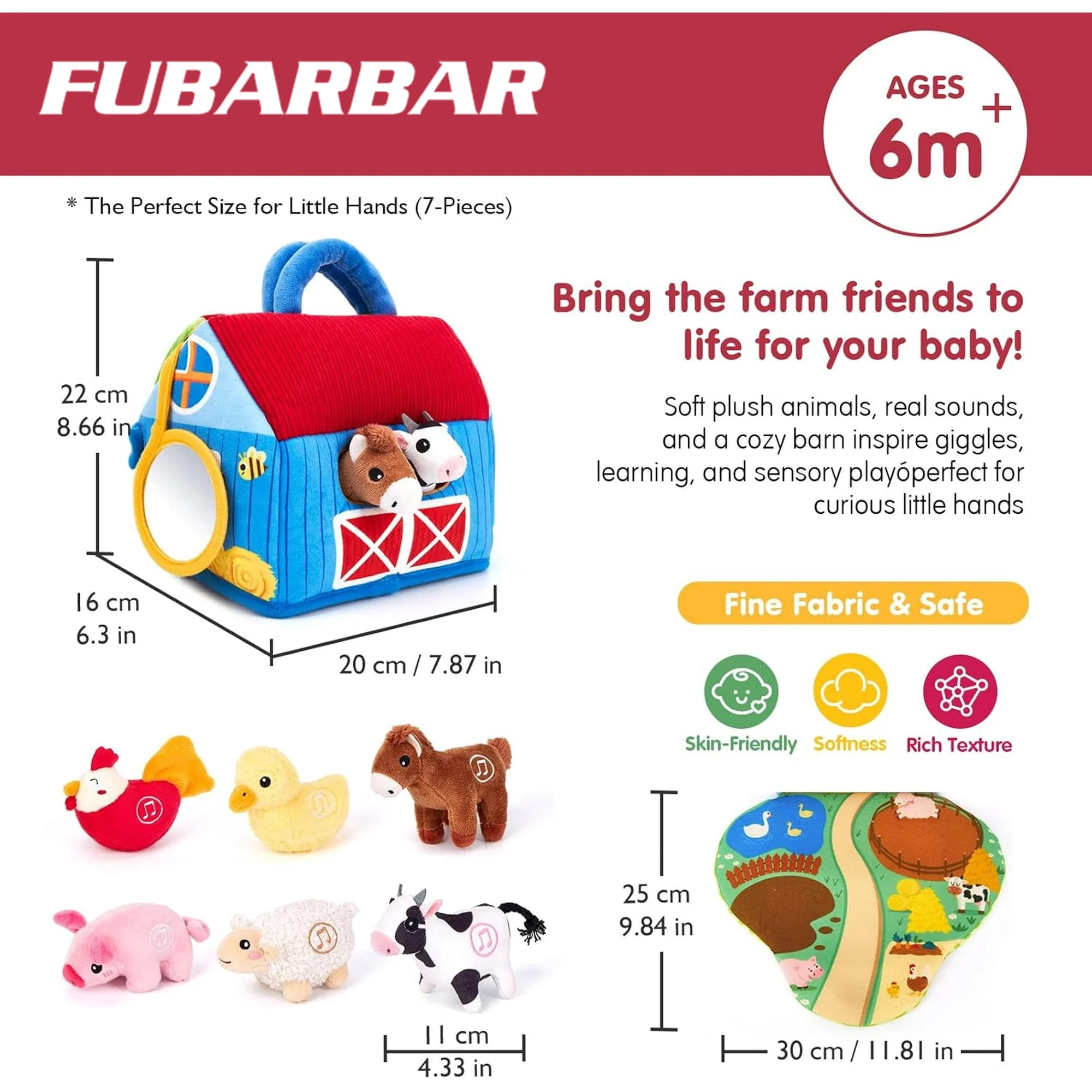 FUBARBAR Plush Farm Animal Barn Toy Set with Real Sounds, Sensory Montessori Toys for Babies & Toddlers 6-12 Months (5-Piece Set)