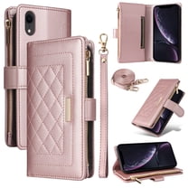 for iPhone XR Zipper Pocket Wallet Magnetic Closure Cover Crossbody   Wrist Strap [ 7 Cards Slot] Flip Kickstand RFID Blocking Shoulder Strap PU Leather Purse Shockproof Case,Rosegold