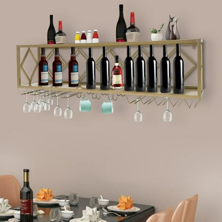 Wall-Mounted Wine Rack with Wine Glass Rack Metal Wine Storage Display Shelf