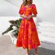 thumbnail image 4 of Puntoco Vestido De Manga Corta Con Cuello En V, Estampado Floral Informal Para Mujer, Manga Abullonada, Lazo Fruncido, Sin Espalda, En Capas, Naranja Xl, 4 of 9