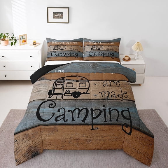Erosebridal Happy Camping Bedding Twin Comforter Set,Rustic Cabin Down Comforter,Adventure Camper Bedding Sets Twin with Comforter,Lightweight Lodge Room Decor,Reversible,3pcs
