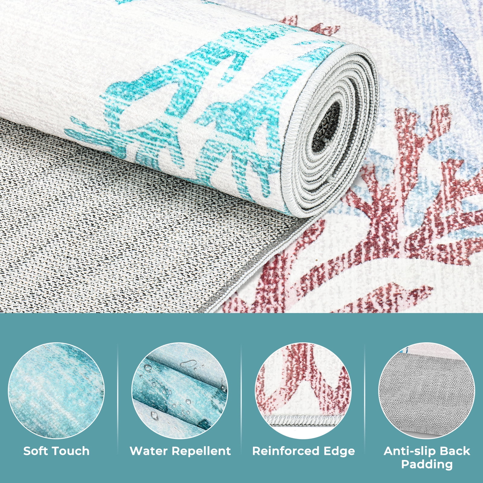 Washable Area Rug for Living Room, 4'x6' Nautical Beach Non-Slip indoor Rug, Soft Low Pile & Stain Resistant Sea turtles Carpet for Bedroom, Dining Room, Kitchen, Entryway, Nursery