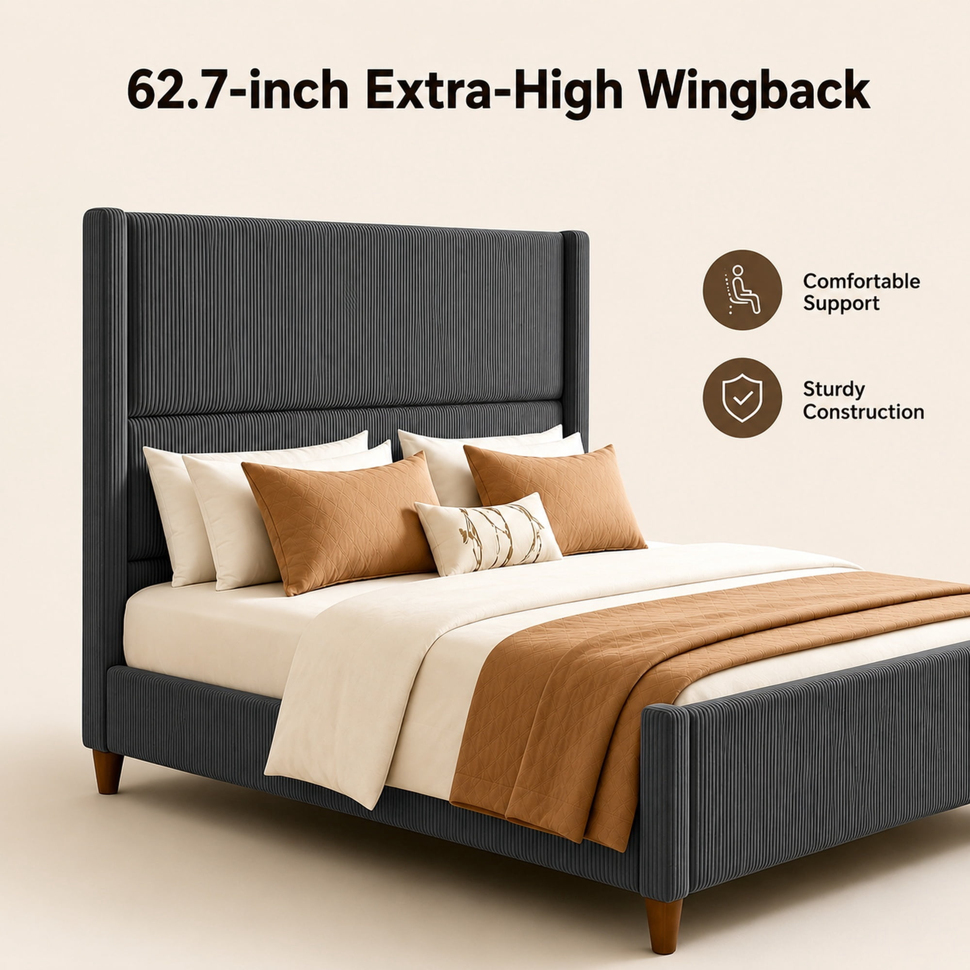 Leumius Full Size Bed Frame with Padded Headboard, Luxury Thick Base Bed with Extra-high Wingback Vertical Stripes, Sturdy Solid Wood Slats and Legs,Dark Gray