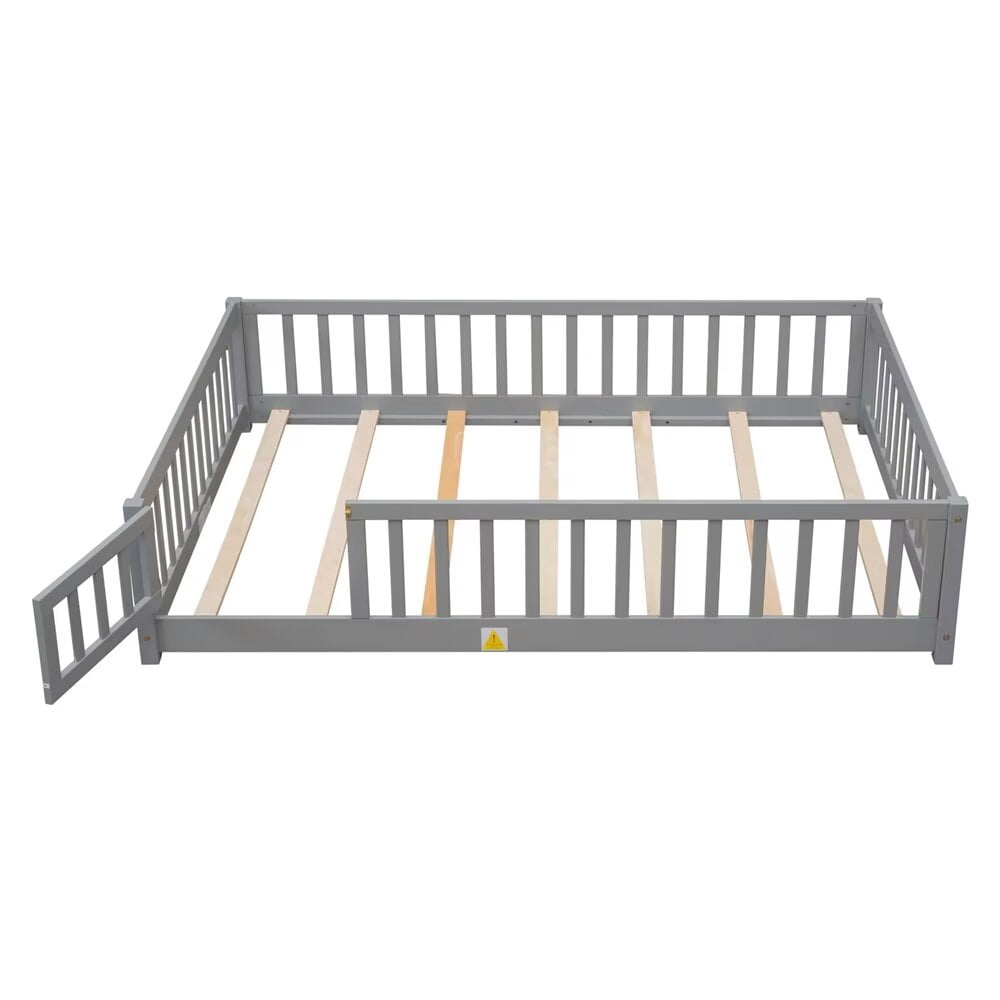 Full Size Floor Bed Frame for Kids Toddlers, Wooden Montessori Bed with 7 Wood Slats, Fence-Shaped Guardrails and Door for Boys Girls Bedroom Playroom, No Box Spring Needed, Gray