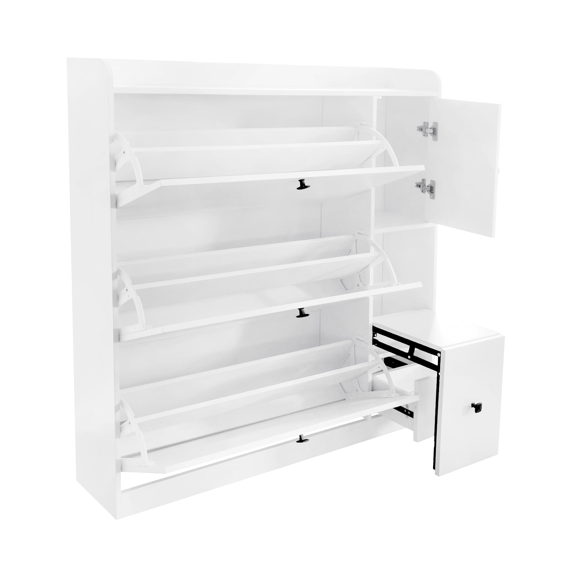 MAYEERTY Versatile Tipping Bucket Shoe Cabinet with 3 Flip Drawers, Maximum Storage Entryway Organizer with Drawer, Free Standing Shoe Rack with Pull-down Seat for Hallway, White