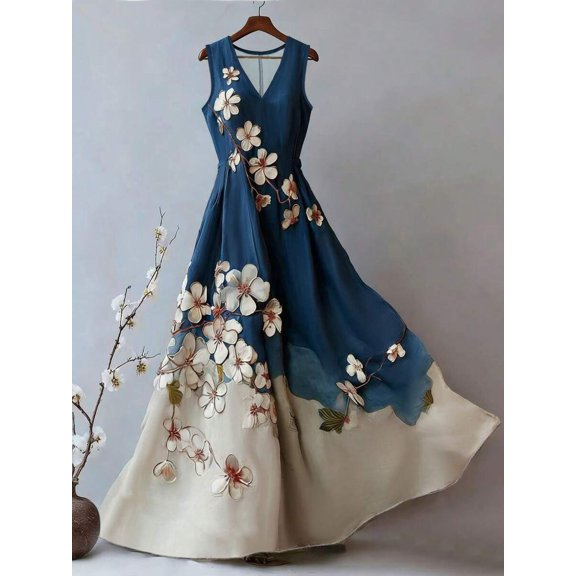 Women Multicolor Floral Print Sleeveless V-Neck Maxi Dress