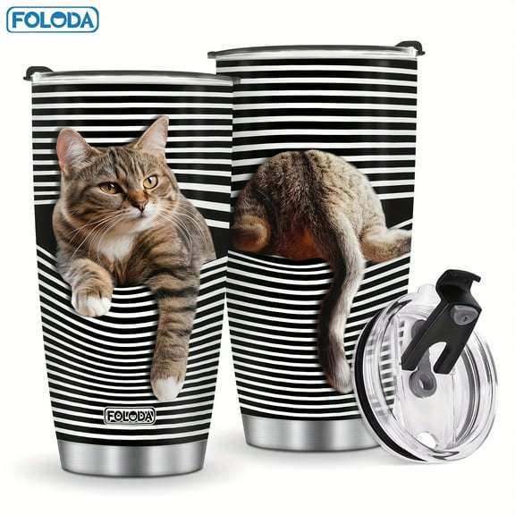 1pc Cat Gift, Gift for Cat Lovers, Cat Tumbler Stainless Steel with Lid, Fun Cat Coffee Cup,Animal Striped cup, Cat Day gift, Thanksgiving Gift, Cat Grils Tumbler for Graduation Christmas Birthday Mo