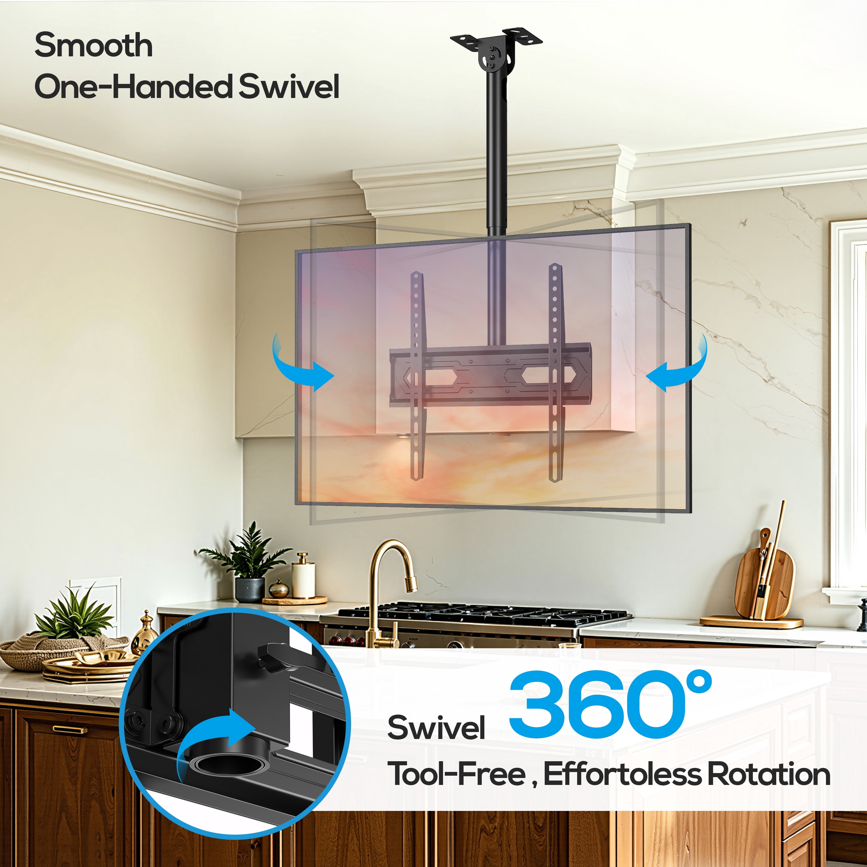 USX MOUNT Ceiling TV Mount for 26-74 inch TVs & Supports up to 110 Lbs, 360° Swivel, 6 Adjustable Height Setting, Full Motion TV Wall mount Max VESA 400x400mm