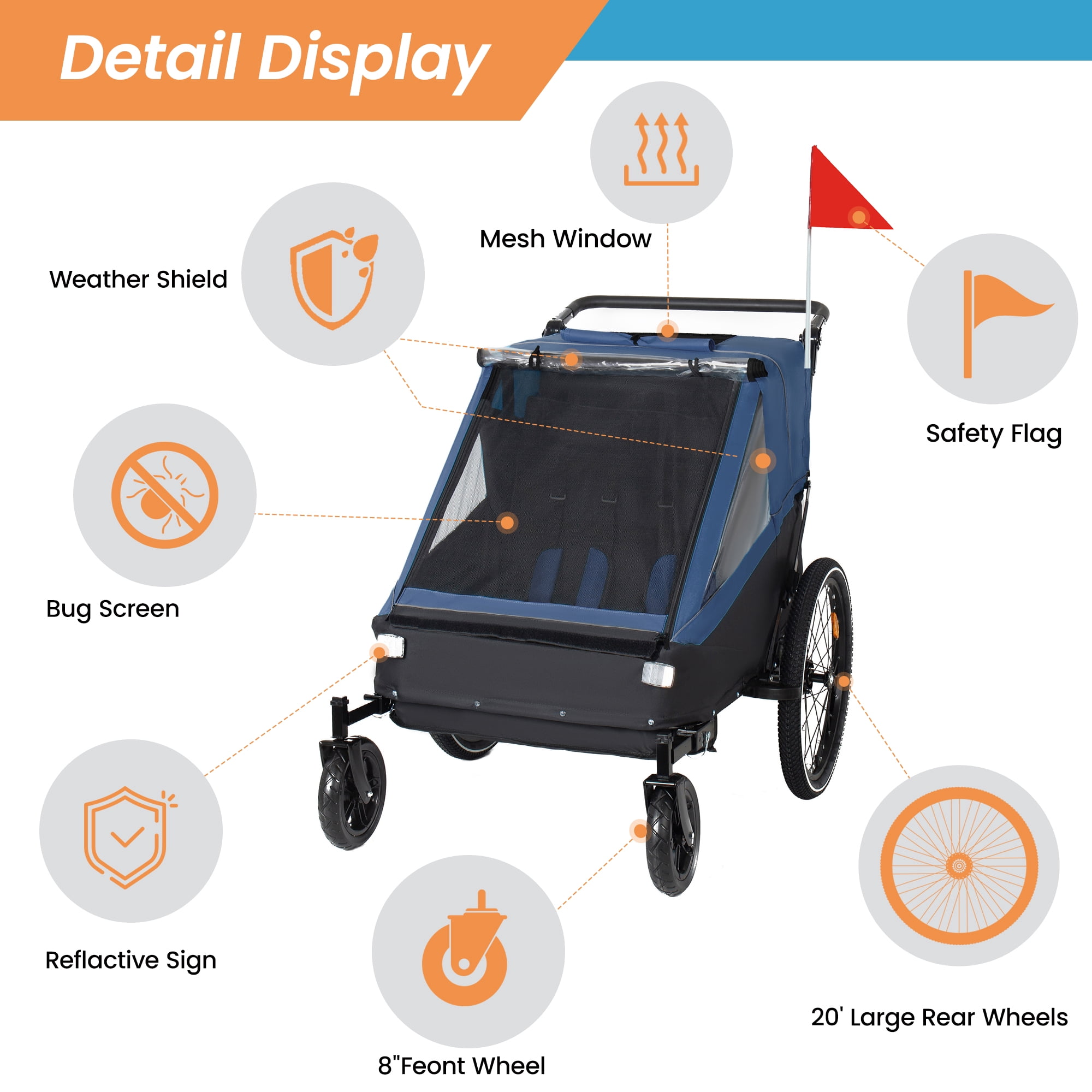 2 in 1 Kids Bike Trailer and Stroller for 1 to 2 Children, Jogging Function, Foldable Compact Storage with Universal Bike Hitch, 5-Point Harness and Storage Bags, Dark Blue