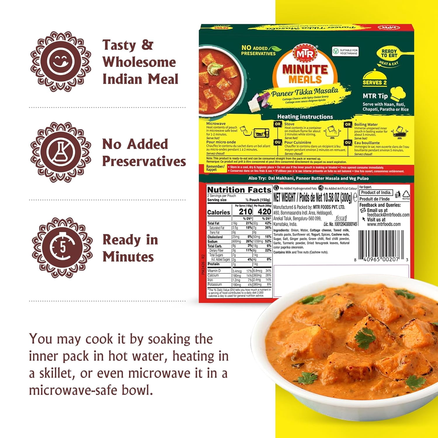 MTR Paneer Tikka Masala - Cottage Cheese with Spicy Onion Gravy - Tasty Indian Meal with No Added Preservatives - A Quick Meal Suitable for Vegetarians, Ready in Minutes! (300g, Pack of 6)