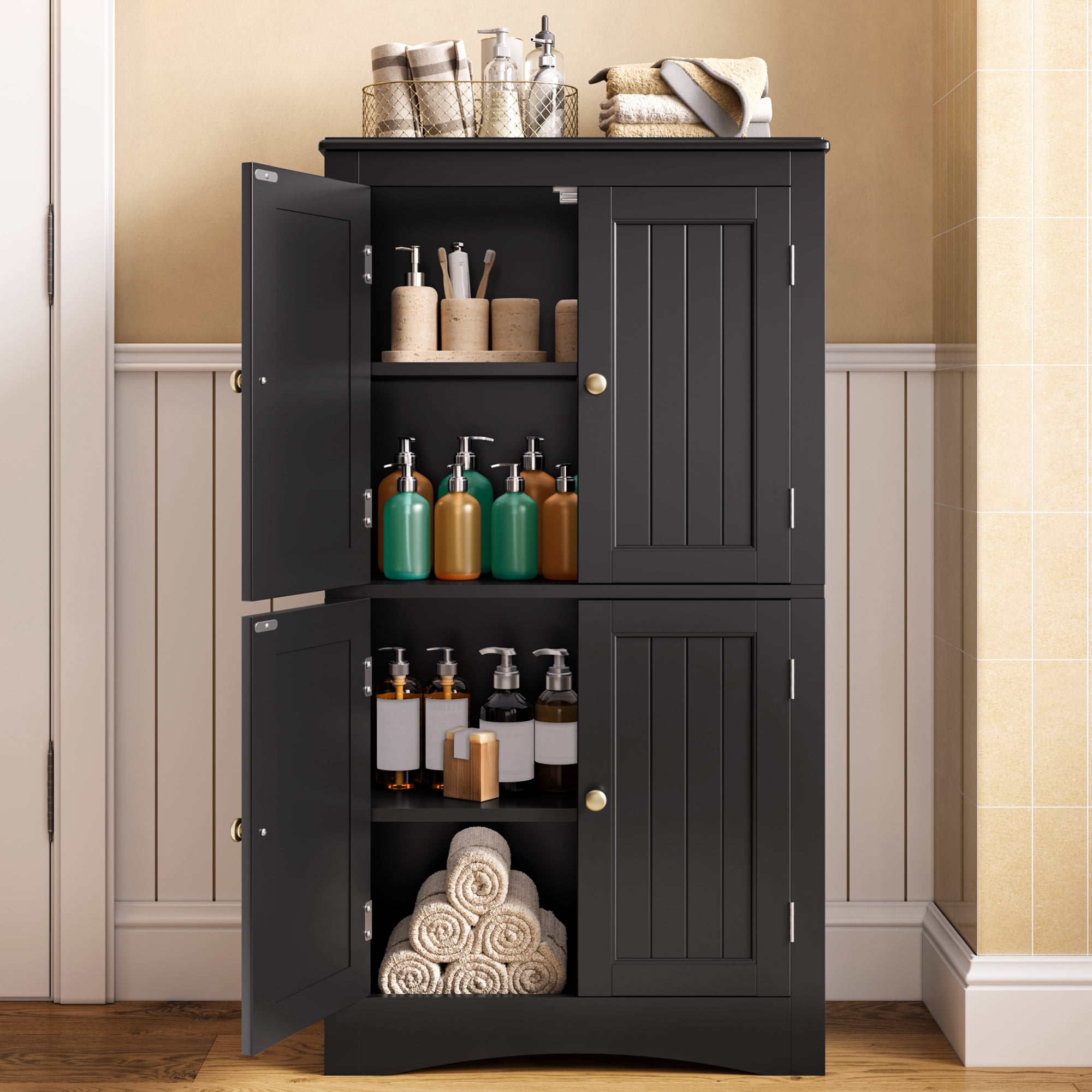 43" Kitchen Pantry Cabinet, Asofer Bathroom Storage Cabinet with Adjustable Shelves and 4 Magnetic Doors, Floor Cabinet for Kitchen, Living Room,Black