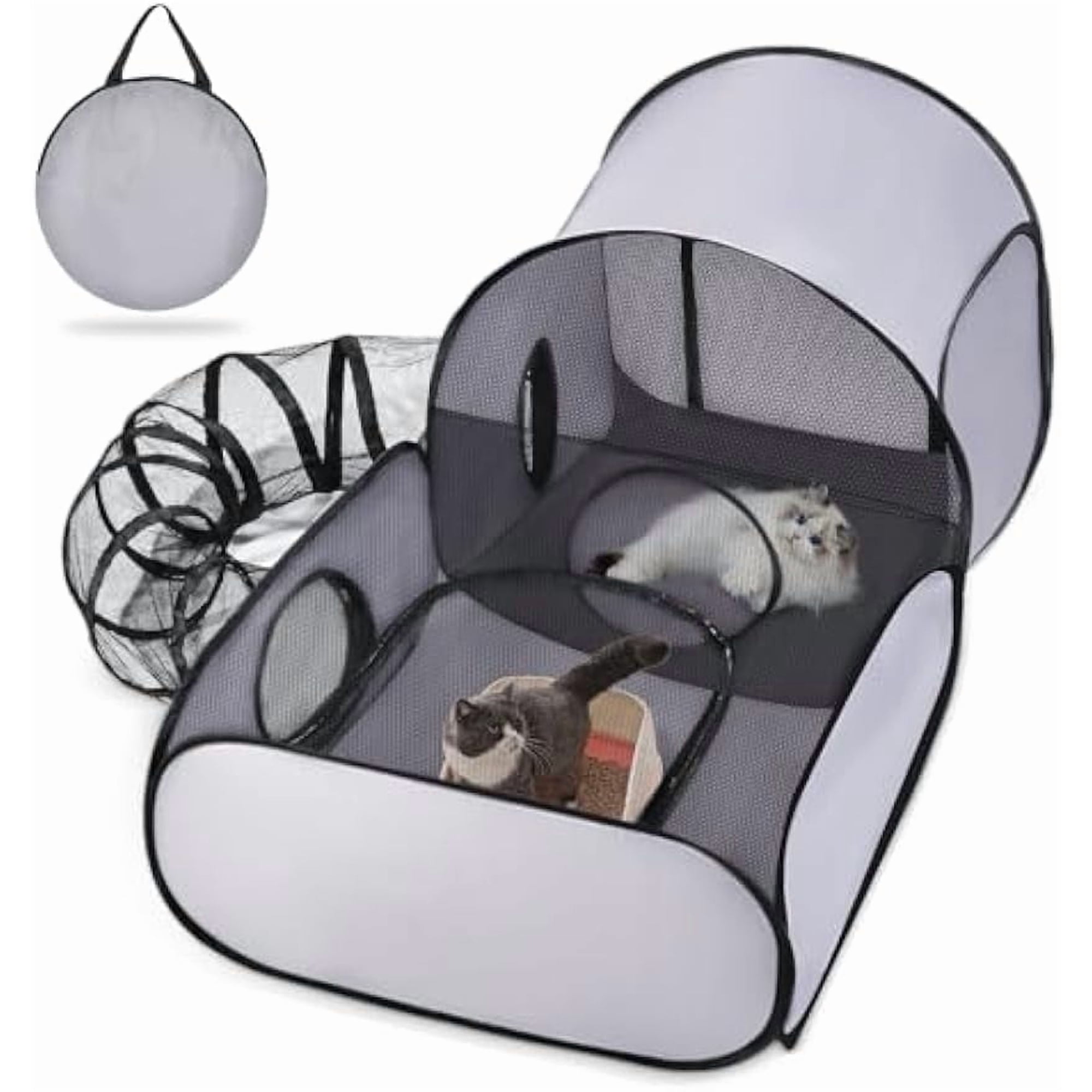 DENZUS Pet Playpen with Surround Tunnel, Portable Indoor/Outdoor Cat Playpen Tent with Breathable Mesh Sides and Carry Bag