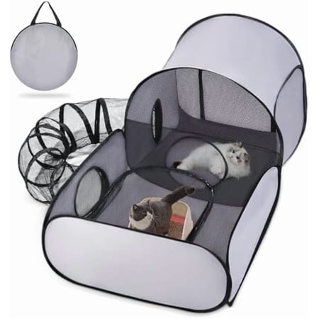 DENZUS Pet Playpen with Surround Tunnel, Portable Indoor/Outdoor Cat Playpen Tent with Breathable Mesh Sides and Carry Bag