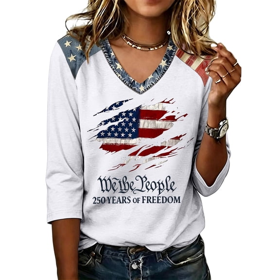 Trgacdwlo S-5XL 250 Anniversary USA Shirt Women Flag Print V Neck 3/4 Sleeve Patriotic Shirts Freedom 1776-2026 4th of July Shirts