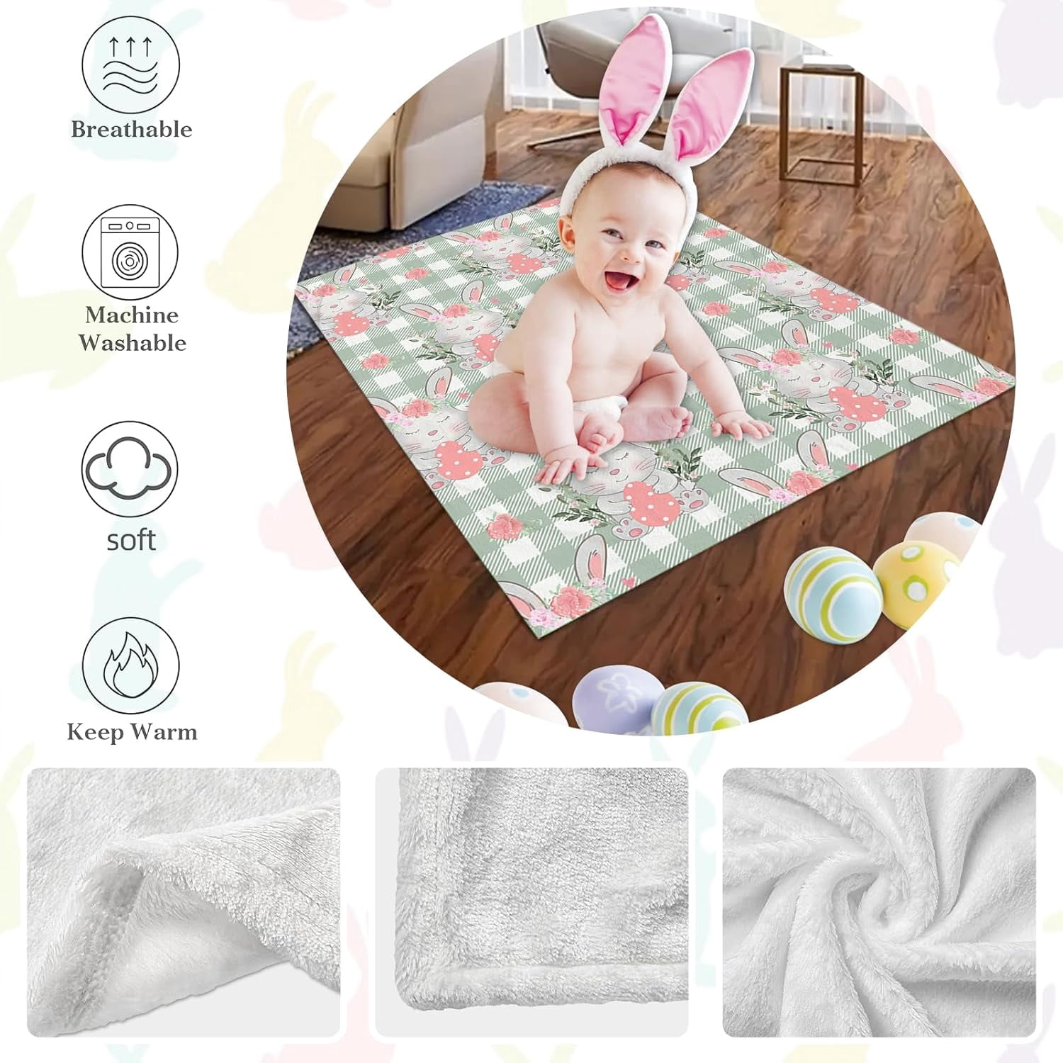 Luxury Plush Easter Blanket Red Blue Green Yellow Colorful Bunny Throw Blanket for Couch,Lightweight Soft and Warm Throws Blankets for Sofa Bed Living Room in Spring 40" x 30"