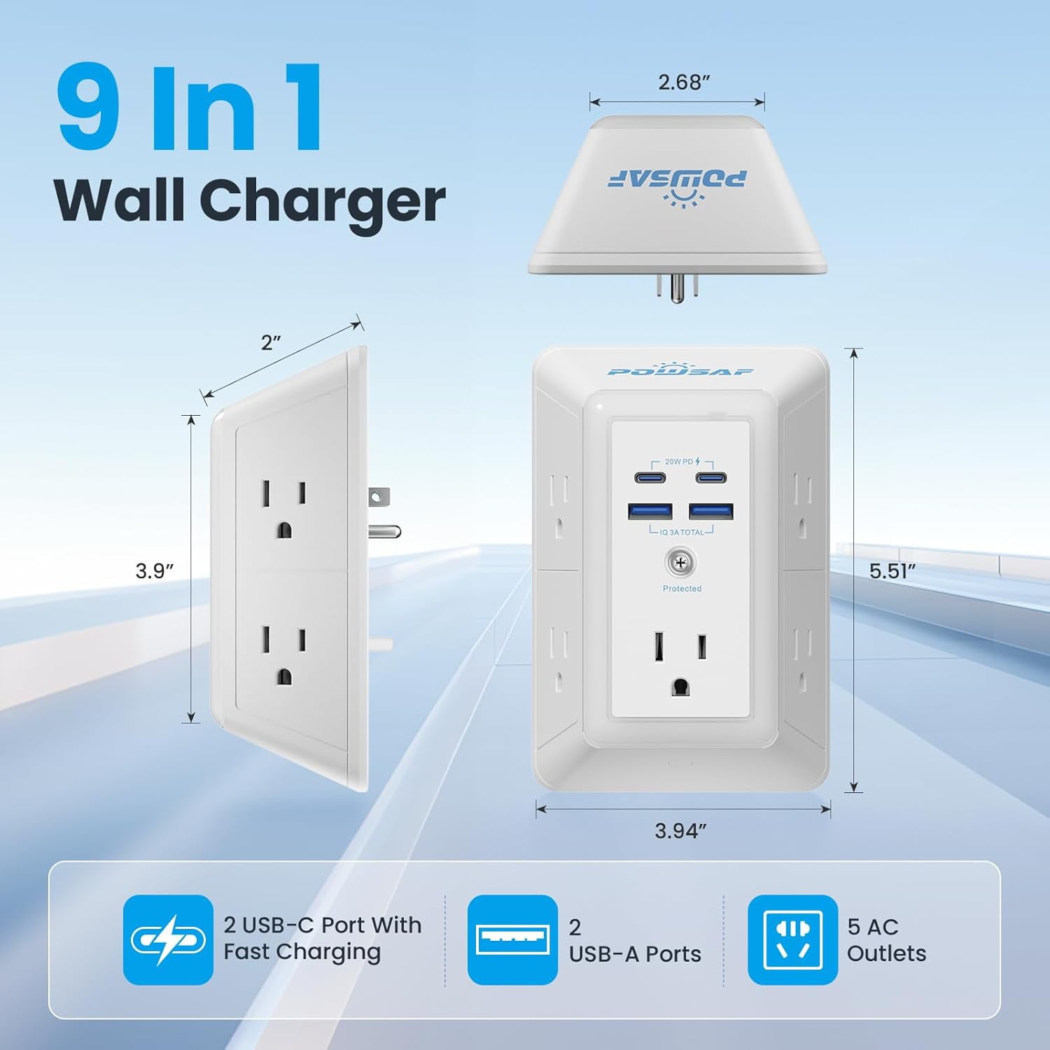 Multi Plug Outlet Surge Protector - 5 Extender with 4 USB Ports(2 USB-C PD 20W) and Night Light 3-Sided Power Strip Adapter Spaced Outlets ETL White