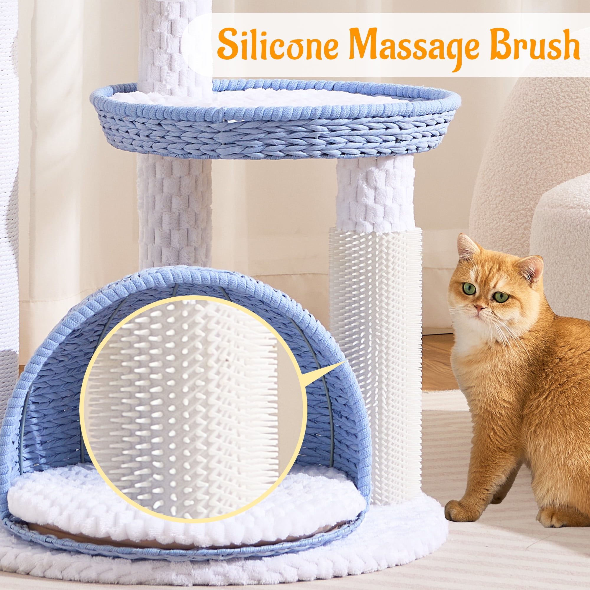HITTITE Modern Cat Tree Tower with Scratching Post, 46 Inches Tall Cat Towers with Woven Cat Nests and Cave, Removable Cushions and Massage Brush for Indoor Cats Large Adult.