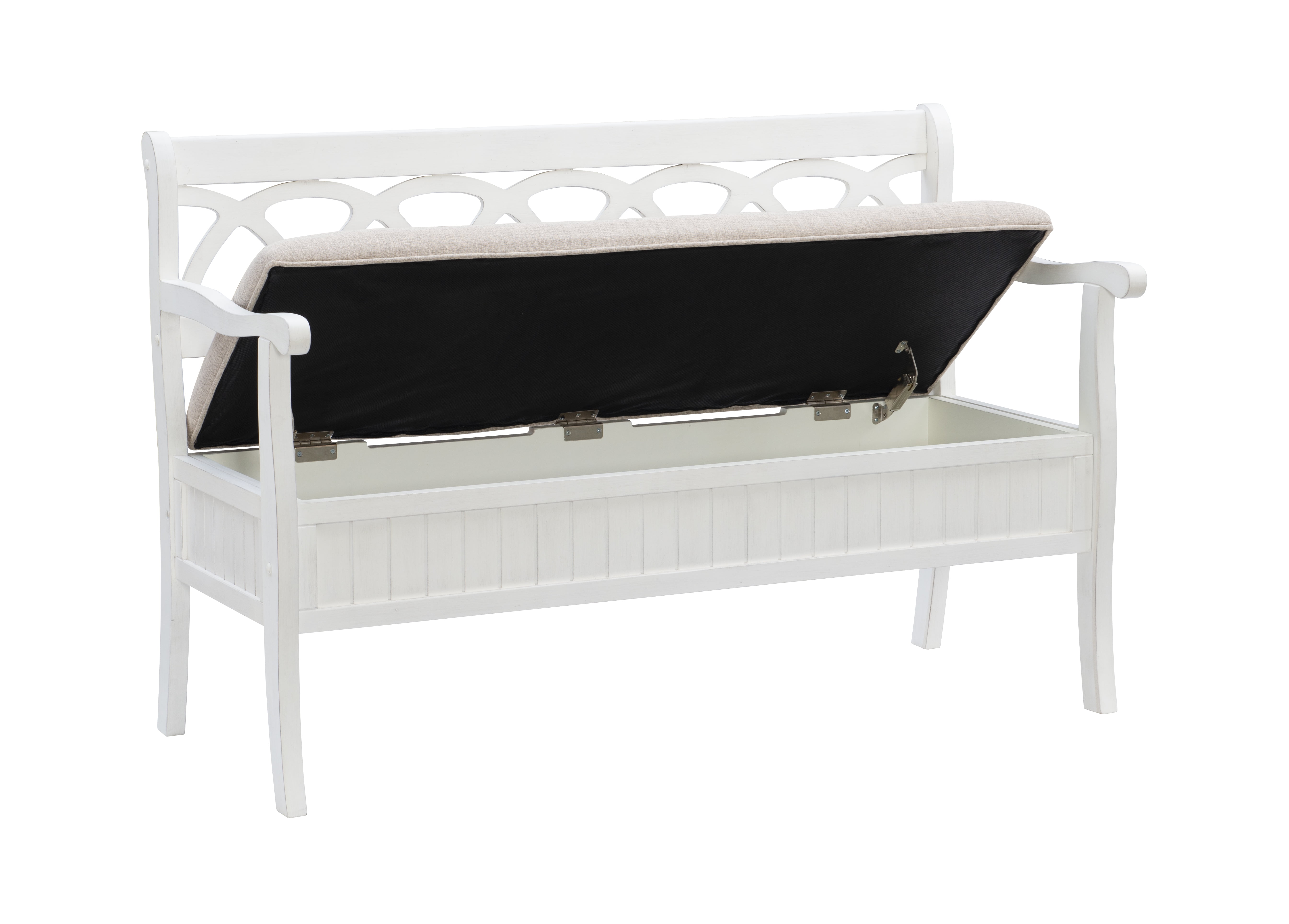 Linon Elliana Storage Bench Beige Padded Seat Cutout Back Design in White Wood