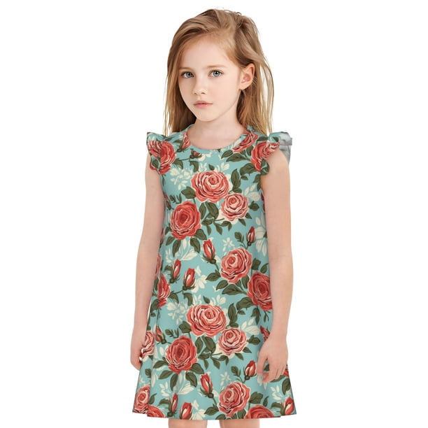 Fotbe Rose Flowers Vestido de Dormir para Niñas de 3 a 10 Años, Mangas Cortas, Estilo Princesa, Pijama Camisón con Mangas Voladas-Medium