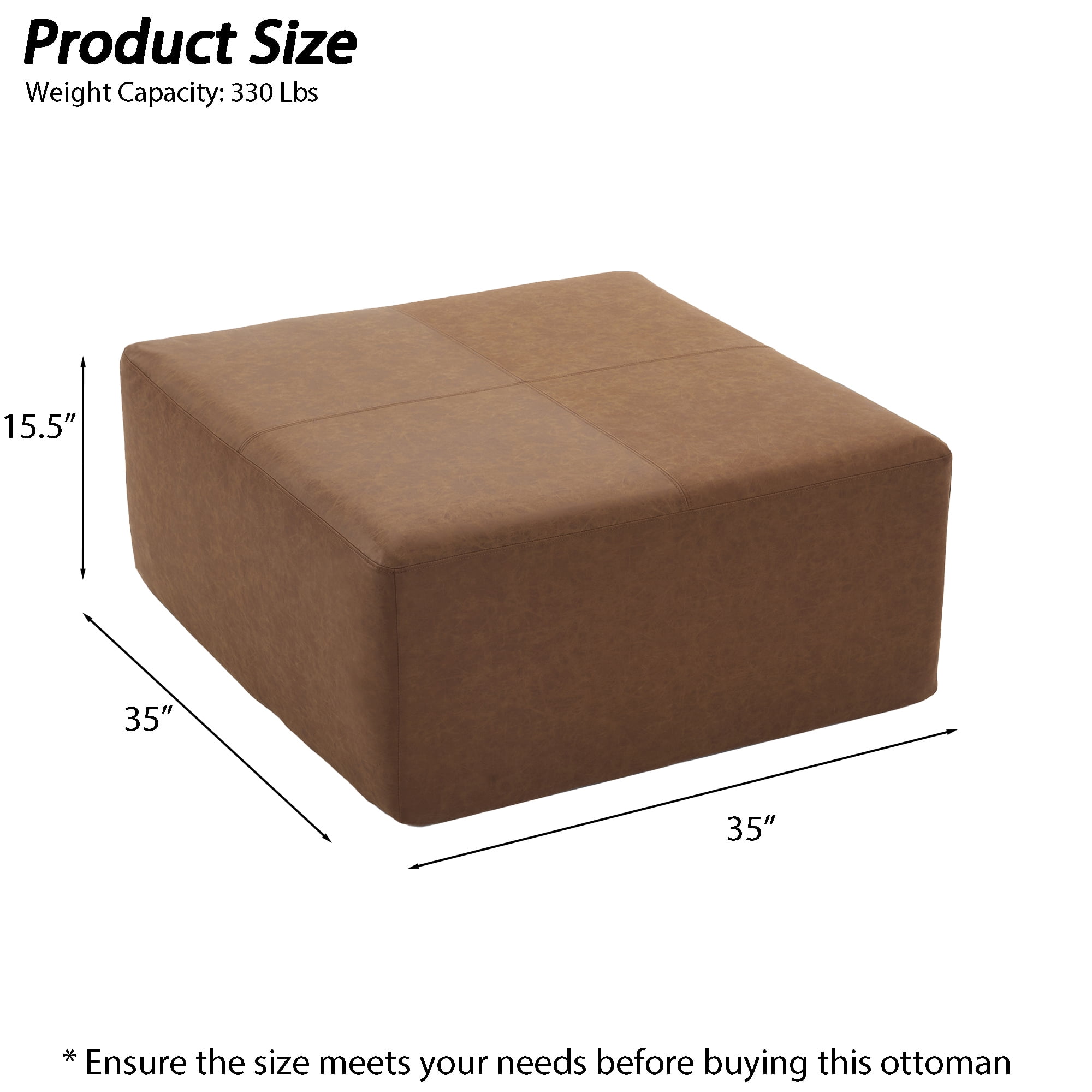 35" Wide Oversized Square Ottoman Coffee Table, Faux Leather Couch Ottoman Large Footstool for Living Room (Brown, Square)
