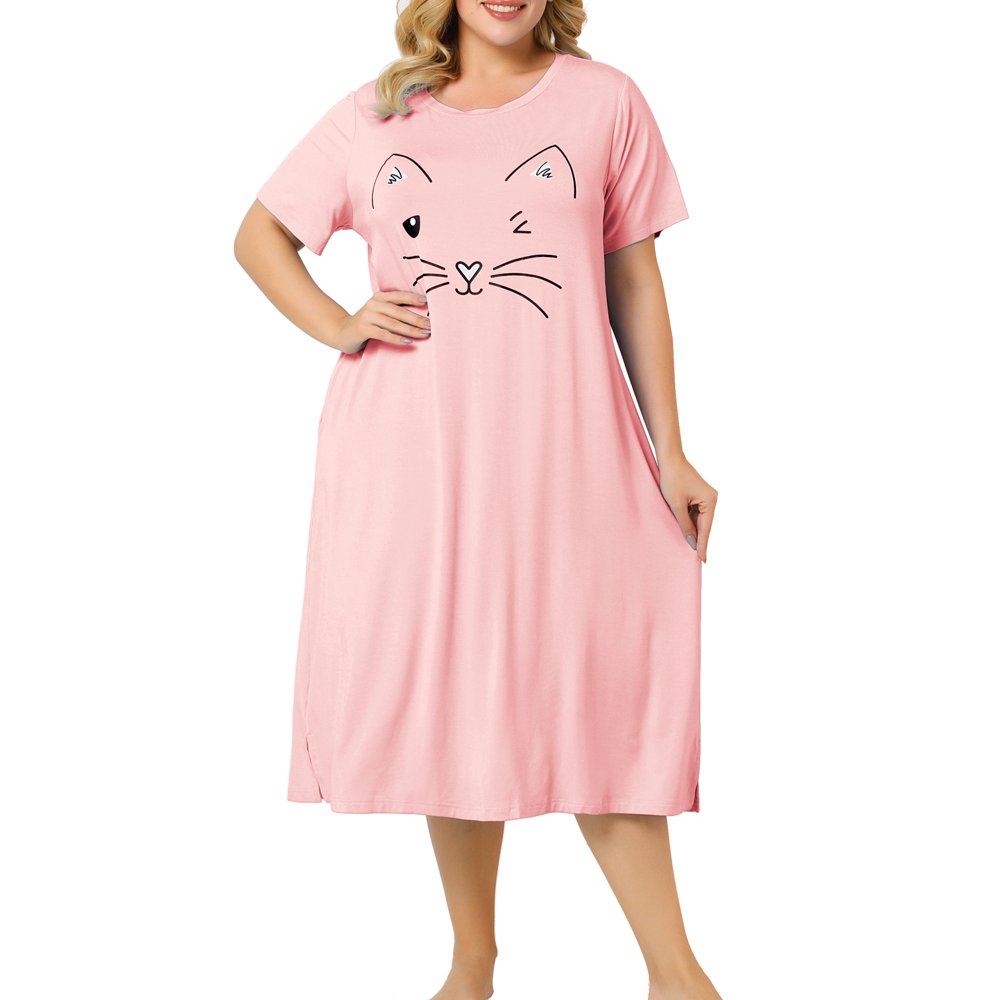 Unique Bargains Women's Plus Size Nightgown Cat Print Pockets