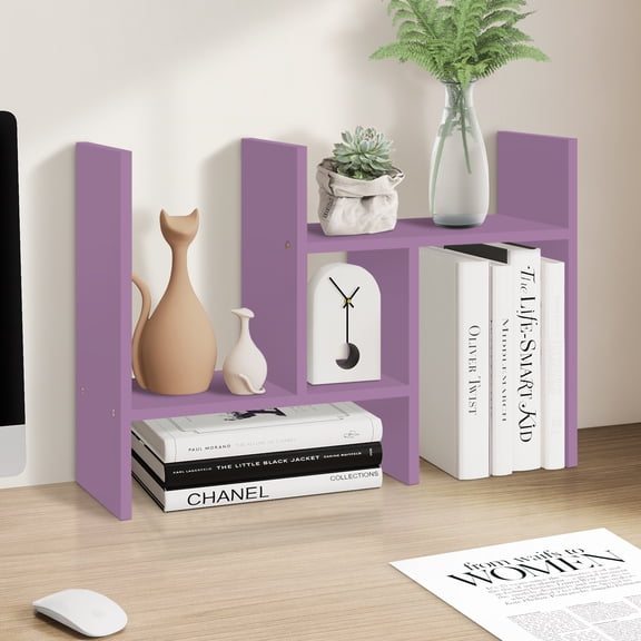 Portable Desktop Organizer Office Storage Rack Adjustable Wood Display Shelf，Purple