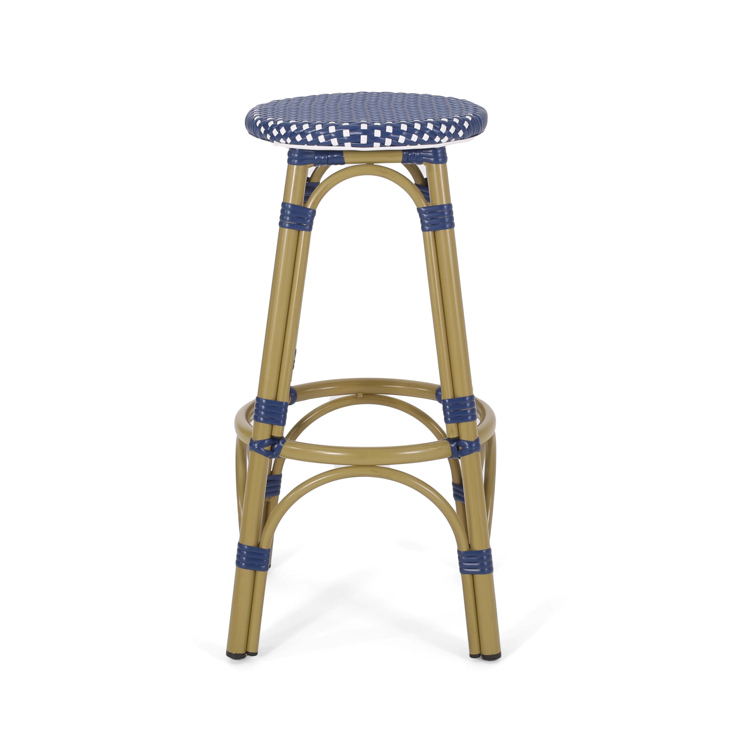Wilbur Aluminum and Wicker Outdoor 29.5 Inch Barstools, Set of 2, Navy Blue, White, and Bamboo Finish