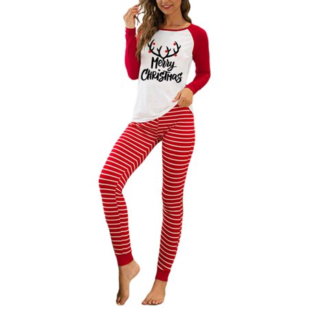 

Christmas Women Pajamas Set Stripe - Female Printed Pjs Lined Thermal Underwear Red XX-Large