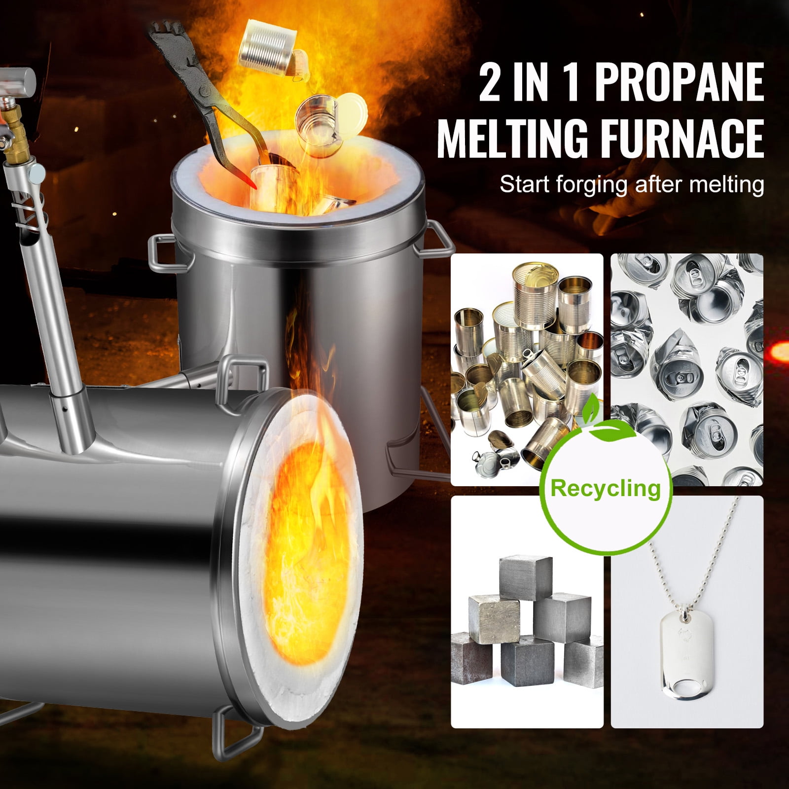 25 KG Large Propane Metal Melting Furnace Smelter Kit Dual Forge Burner and  Dual Regulators Foundary Tongs Casting Tools