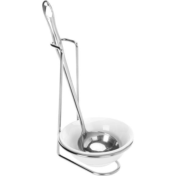 MyGift White Ceramic Single Ladle Spoon Rest Holder with Metal Rack