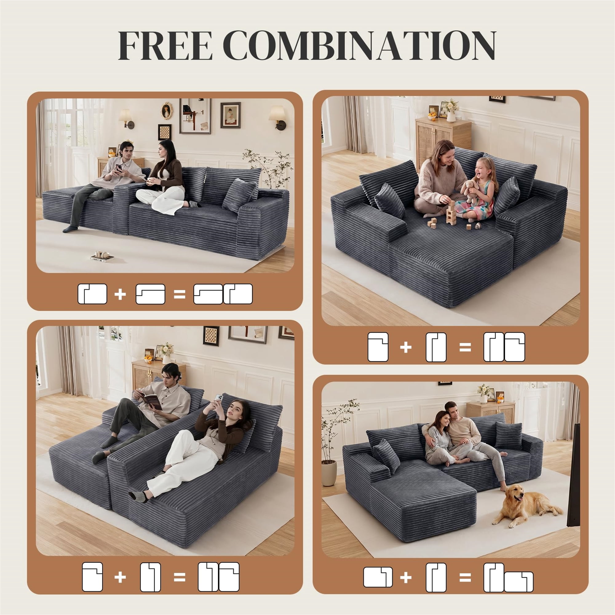 Aukfa 108" Cloud Sectional Sofa Deep Seat Boneless Couch Modular L-Shaped Couch, Left Chaise Corduroy Sofa for Living Room, Gray