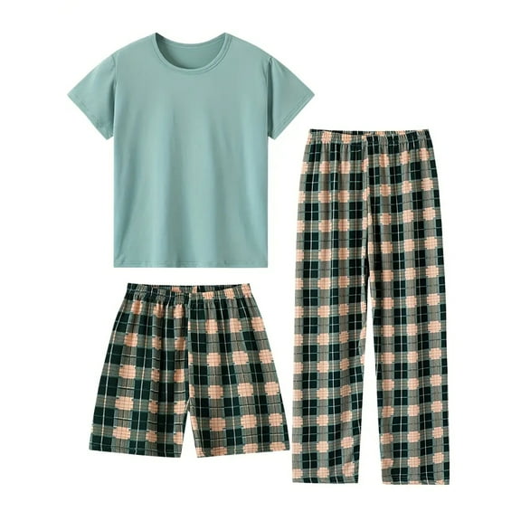 WIBACKER 3-14Y Boys' Plaid 3-piece Loose-fit Pajama Set Thin Soft Tee & Shorts & Pants PJ Comfy Jammies Set Summer