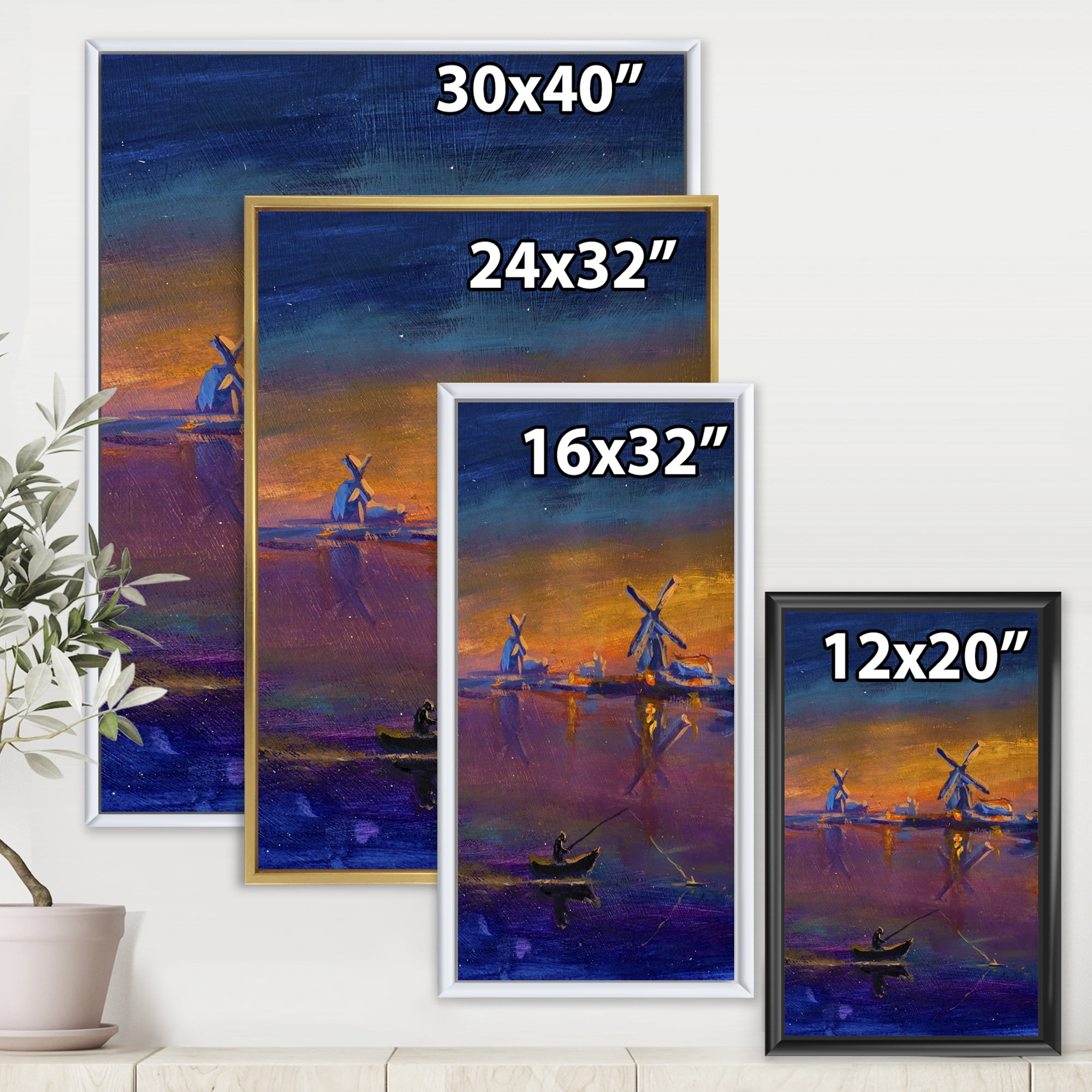 Designart 'Evening Fishing Near The Traditional Windmill' Nautical & Coastal Framed Canvas Wall Art Print