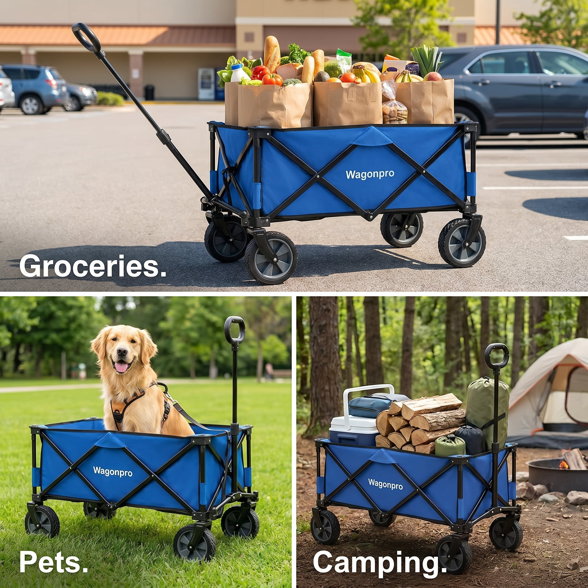 Heavy Duty Collapsible Wagon, 220 Lbs Utility Cart with 5" All-Terrain Wide Wheels & Drop-Down Side, Dark Blue